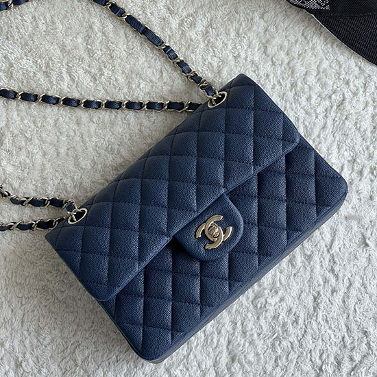 Small Classic Chanel Grain Calfskin Flap Bag Blue A01117