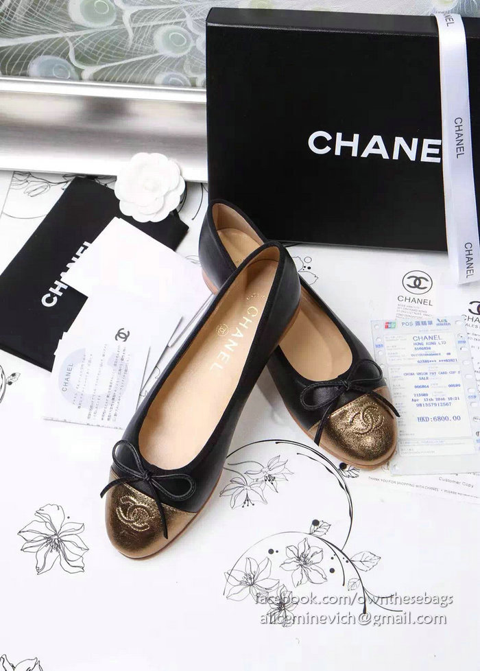 Chanel Black Lambskin Ballet Flats Gold Cap Toe CH1610