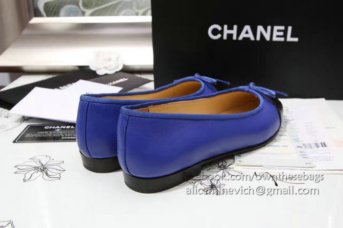Chanel Blue Lambskin Ballet Flats Black Cap Toe CH1610