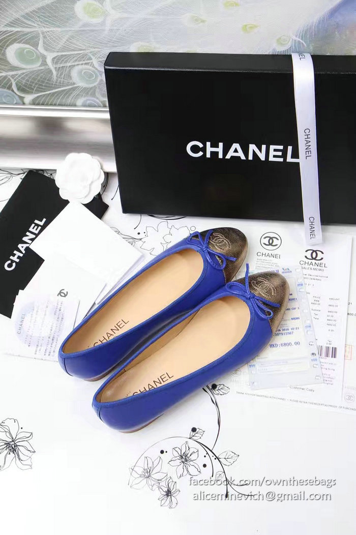 Chanel Blue Lambskin Ballet Flats Gold Cap Toe CH1610