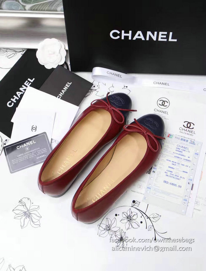 Chanel Burgundy Lambskin Ballet Flats Blue Cap Toe CH1610