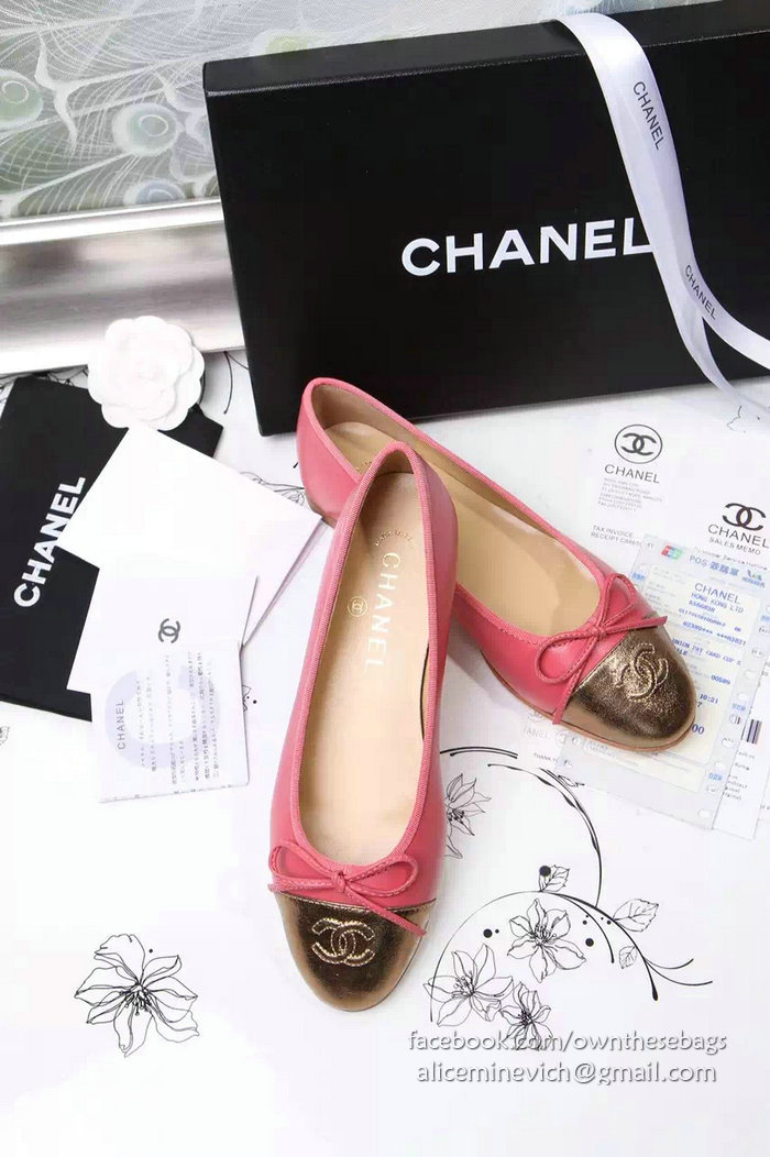 Chanel Pink Lambskin Ballet Flats Gold Cap Toe CH1610