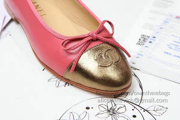 Chanel Pink Lambskin Ballet Flats Gold Cap Toe CH1610