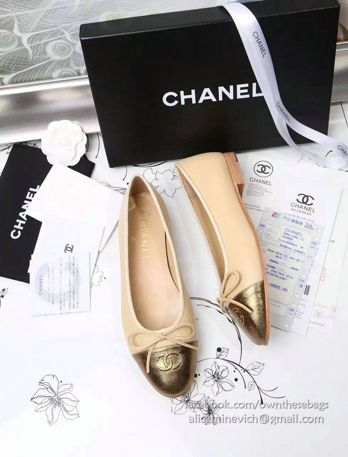 Chanel Tan Lambskin Ballet Flats Gold Cap Toe CH1610