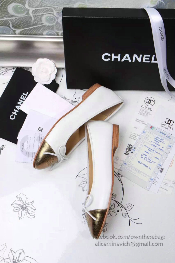 Chanel White Lambskin Ballet Flats Gold Cap Toe CH1610