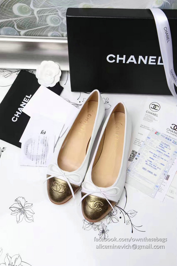 Chanel White Lambskin Ballet Flats Gold Cap Toe CH1610