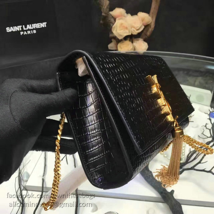 Saint Laurent Medium Kate Monogram Tassel Croco Leather Shoulder Bag Black Y121230