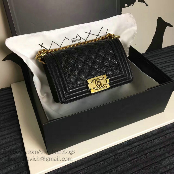 Chanel Small Quilted Caviar Boy Bag Black Gold A13043