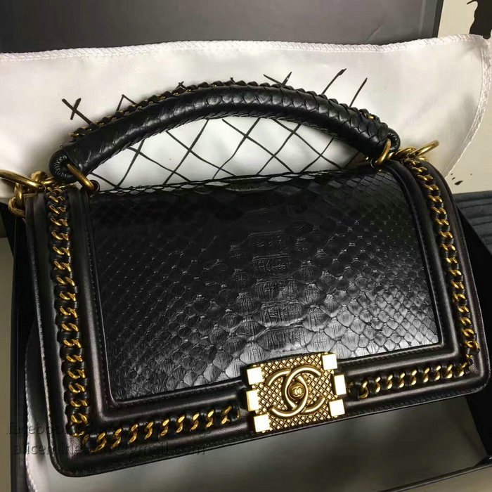 Chanel Snake Leather Boy Bag with Top Handle Black Gold A14041