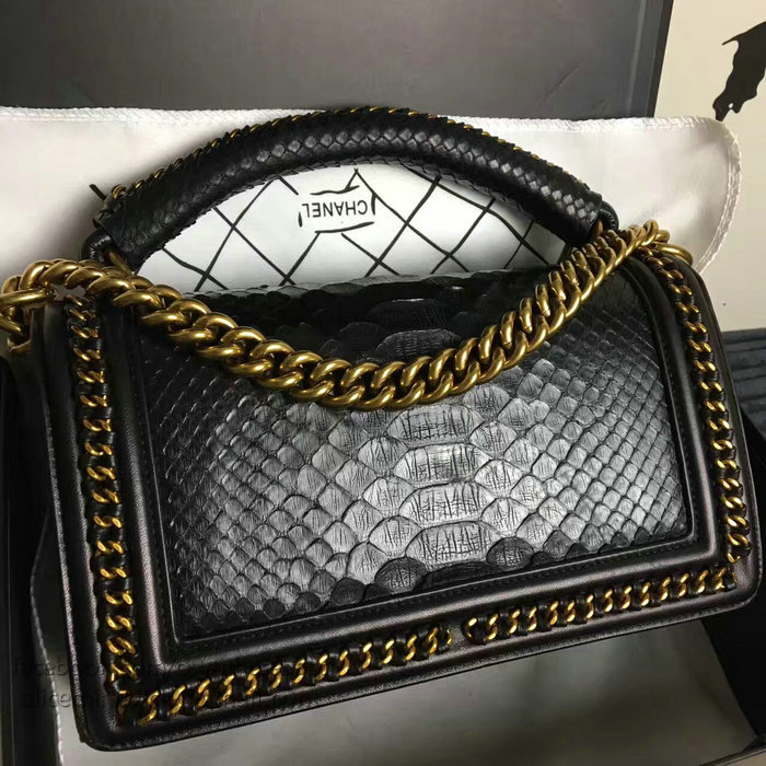 Chanel Snake Leather Boy Bag with Top Handle Black Gold A14041