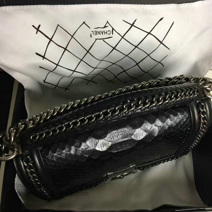 Chanel Snake Leather Boy Bag with Top Handle Black Silver A14041
