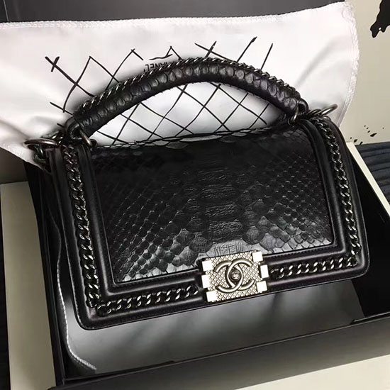 Chanel Snake Leather Boy Bag with Top Handle Black Silver A14041