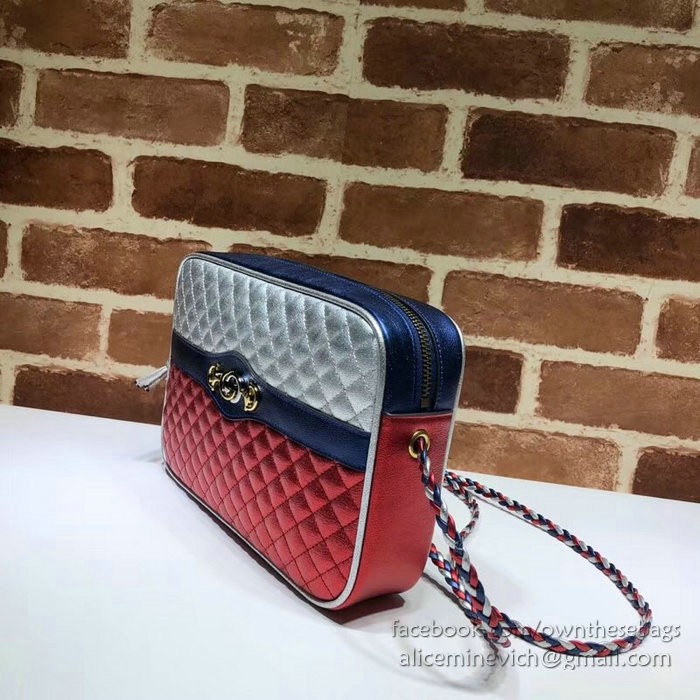 Gucci Laminated Leather Small Shoulder Bag Silver and Red 541061
