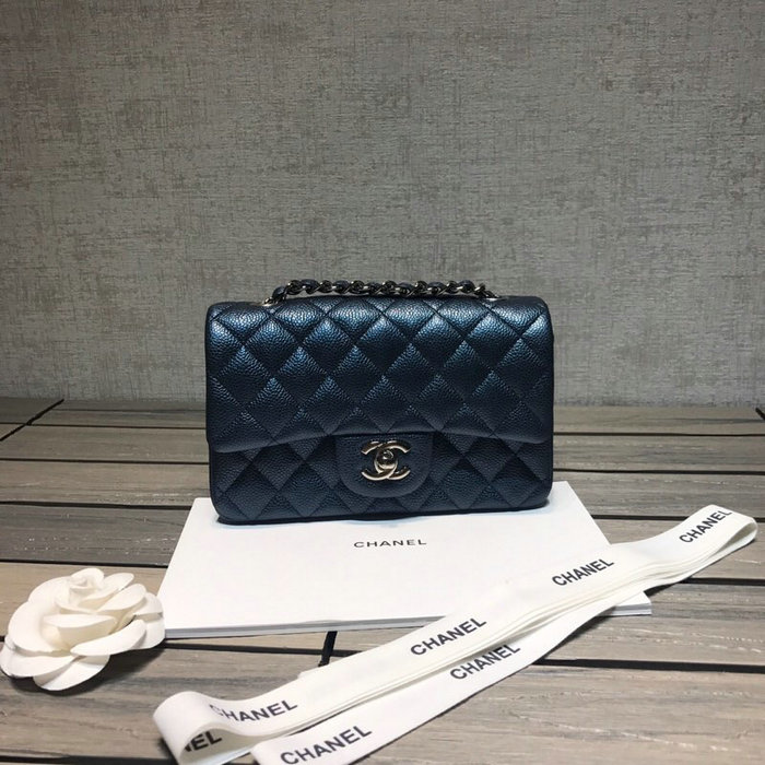 Classic Chanel Caviar Leather Small Flap Bag Blue with Silver Hardware CF1116