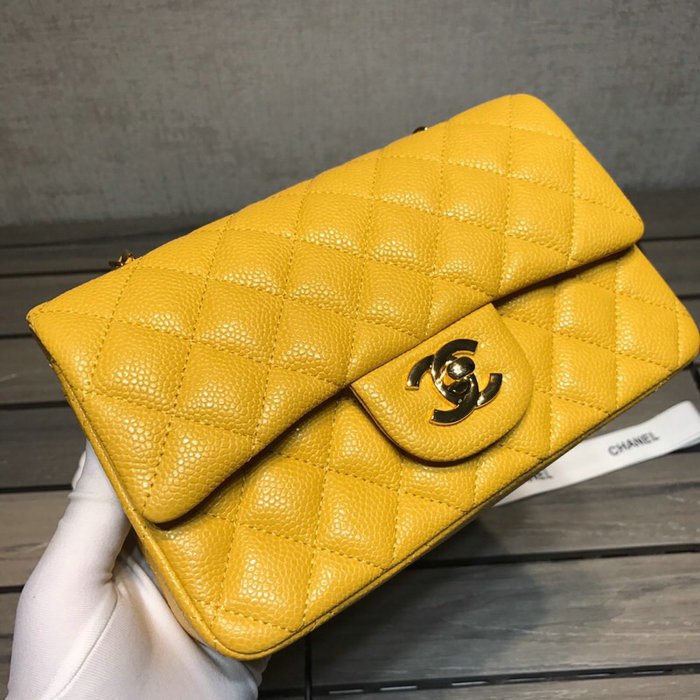 Classic Chanel Caviar Leather Small Flap Bag Yellow with Gold Hardware CF1116