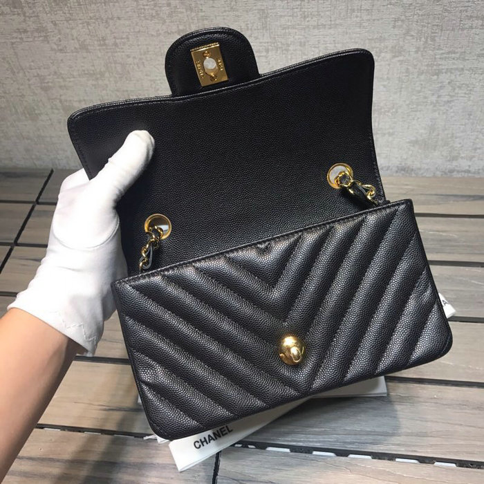 Classic Chanel Chevron Small Shoulder Bag Black with Gold Hardware CF1116