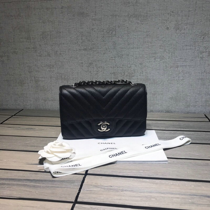Classic Chanel Chevron Small Shoulder Bag Black with Silver Hardware CF1116