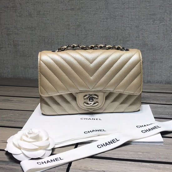 Classic Chanel Chevron Small Shoulder Bag Gold with Silver Hardware CF1116