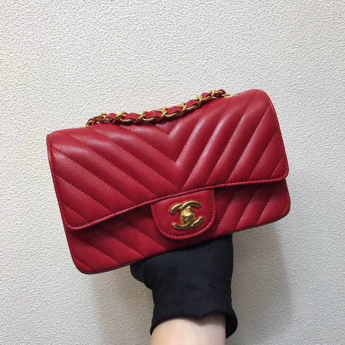 Classic Chanel Chevron Small Shoulder Bag Red with Gold Hardware CF1116