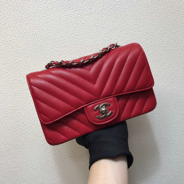 Classic Chanel Chevron Small Shoulder Bag Red with Silver Hardware CF1116