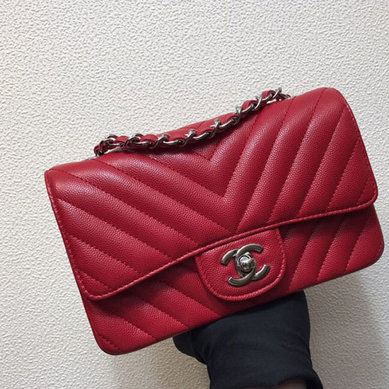Classic Chanel Chevron Small Shoulder Bag Red with Silver Hardware CF1116