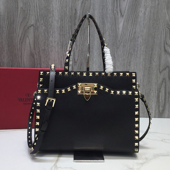 Valentino Smooth Calfskin Small Rockstud Top Handle Bag Black V6500