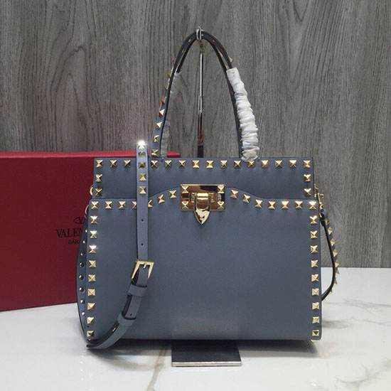 Valentino Smooth Calfskin Small Rockstud Top Handle Bag Blue V6500