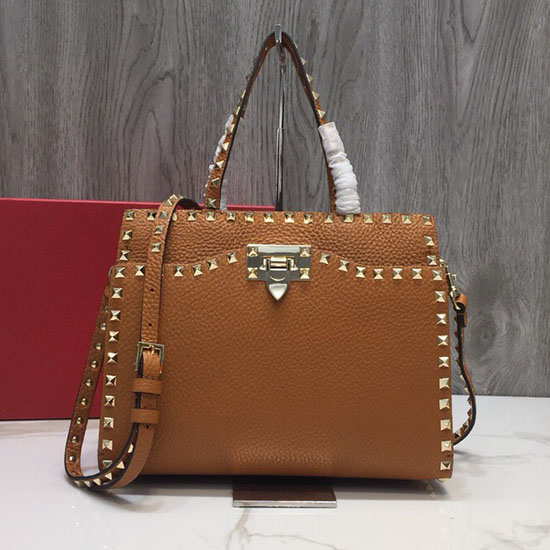 Valentino Textured Calfskin Small Rockstud Top Handle Bag Brown V6500