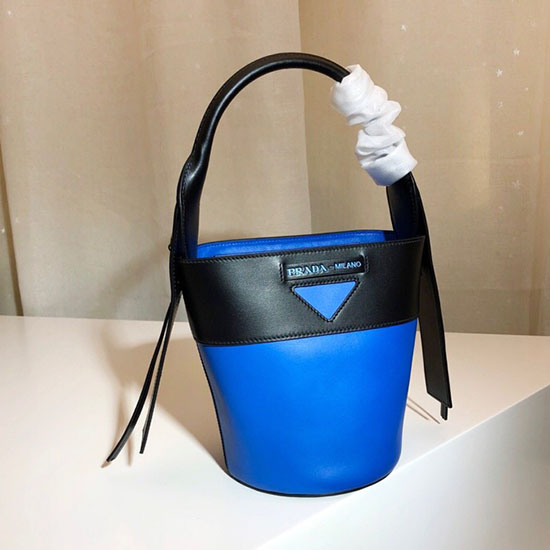 Prada Ouverture Leather Bucket Bag Blue and Black 1BE015