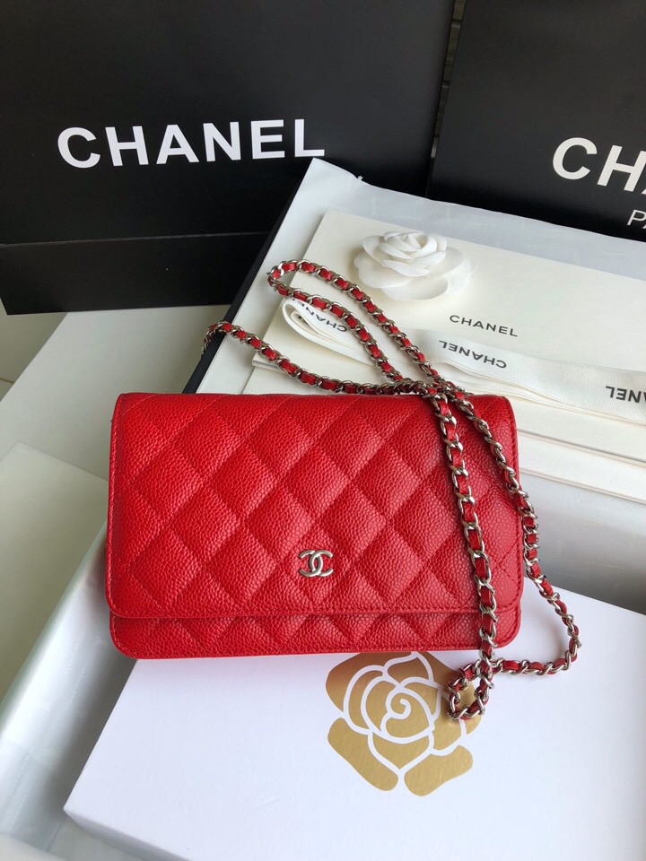 Chanel Caviar WOC Chain Wallet Red A33814
