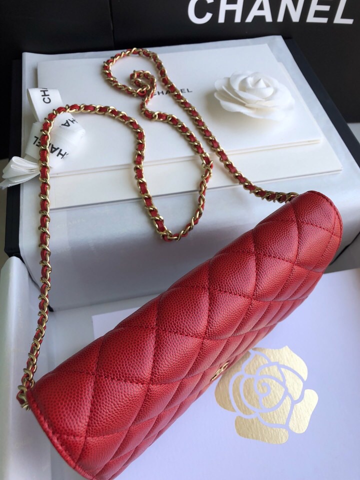 Chanel Grained Calfskin WOC Chain Wallet Red A33814