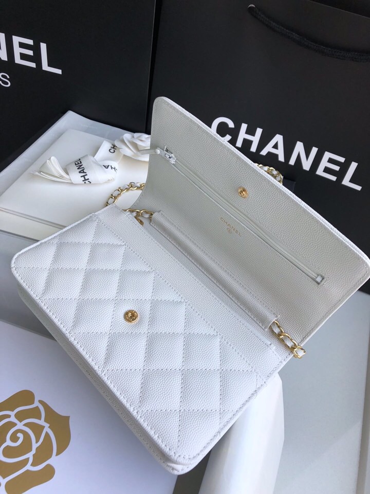 Chanel Grained Calfskin WOC Chain Wallet White A33814
