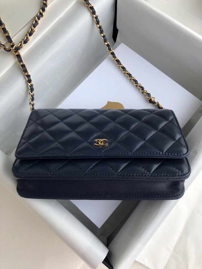 Chanel Lambskin WOC Chain Wallet Blue with Gold Hardware A33814