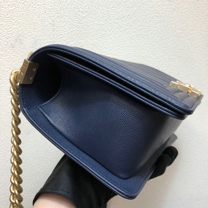 Medium Chanel Chevron Grain Calfskin Boy Bag Blue A67086