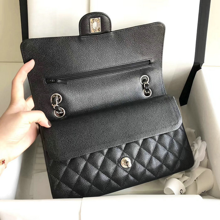 Classic Chanel Caviar Leather Bag Black with Silver Hardware A1112