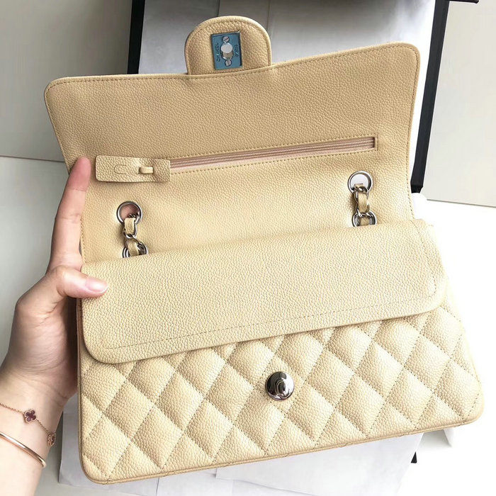 Classic Chanel Caviar Leather Flap Shoulder Bag Beige A1112