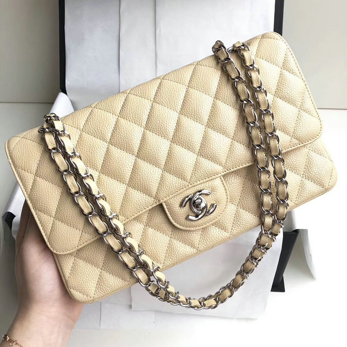 Classic Chanel Caviar Leather Flap Shoulder Bag Beige A1112