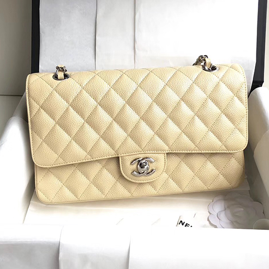 Classic Chanel Caviar Leather Flap Shoulder Bag Beige A1112