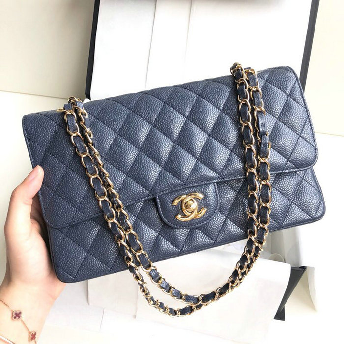 Classic Chanel Caviar Leather Flap Shoulder Bag Blue A1112