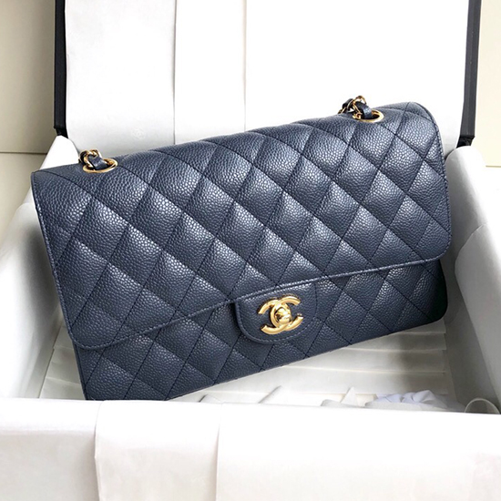 Classic Chanel Caviar Leather Flap Shoulder Bag Blue A1112