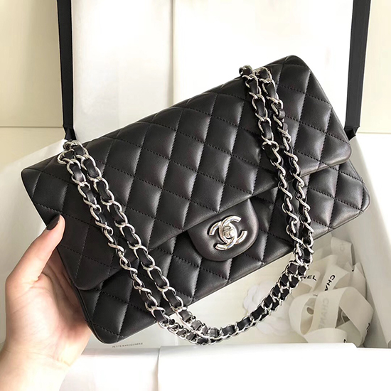Classic Chanel Lambskin Bag Black with Silver Hardware A1112