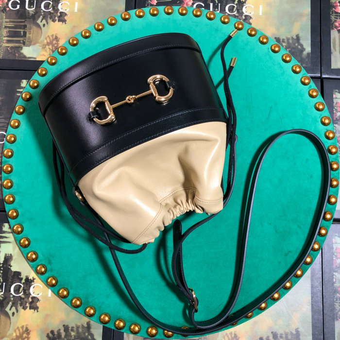 Gucci 1955 Horsebit Bucket Bag Black and Beige 602118