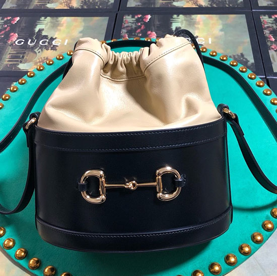 Gucci 1955 Horsebit Bucket Bag Black and Beige 602118