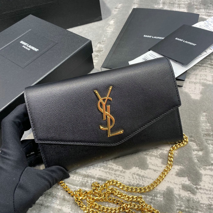 Saint Laurent Uptown Chain Wallet in Grain Leather Black 607788