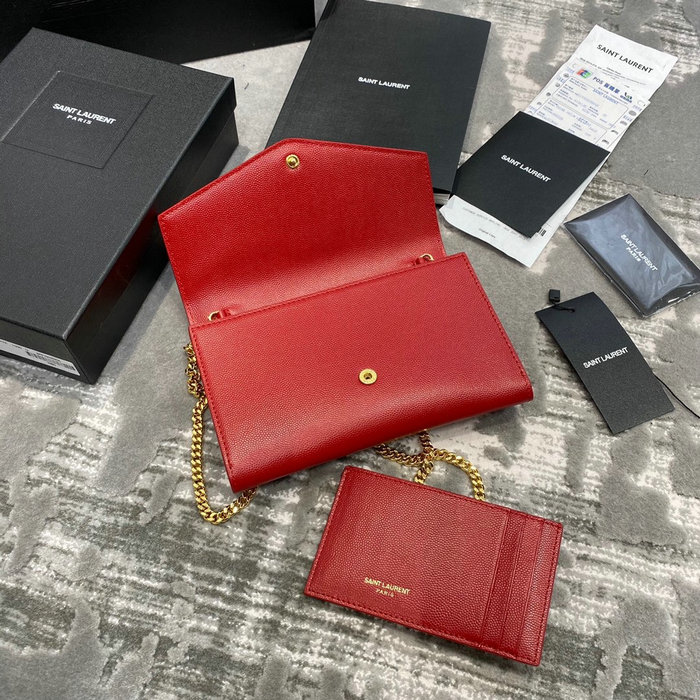 Saint Laurent Uptown Chain Wallet in Grain Leather Red 607788