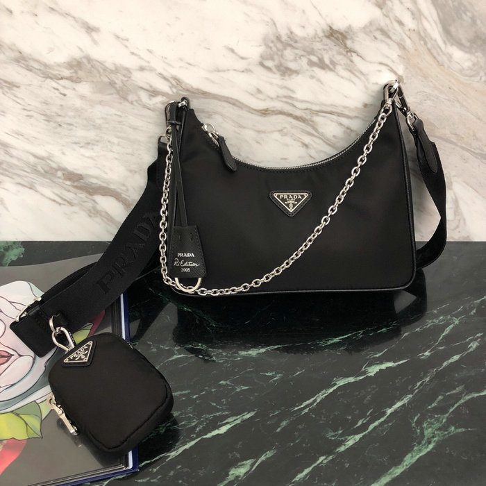 Prada Nylon Hobo Bag Black 1BH204