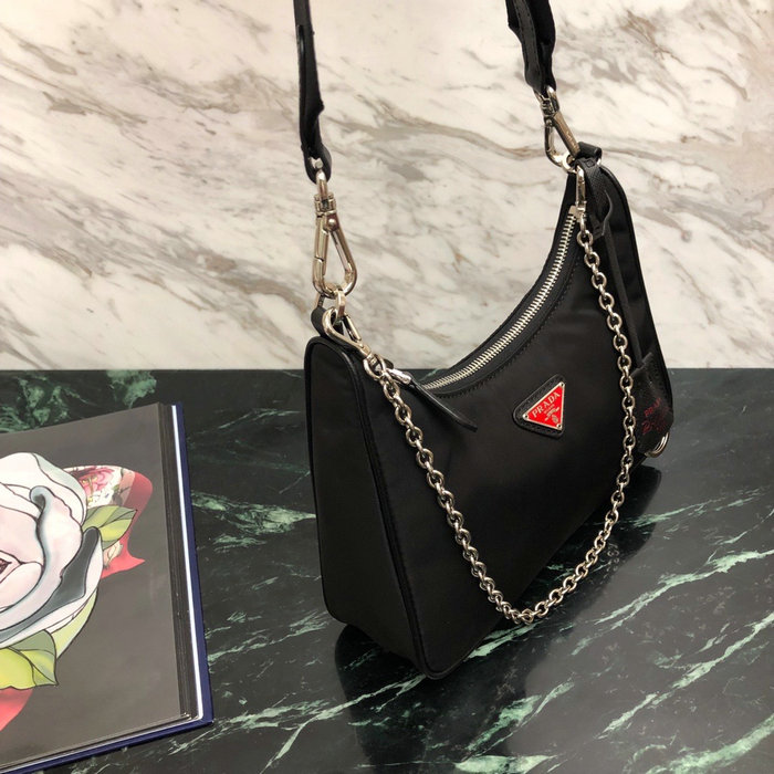 Prada Nylon Hobo Bag Black with Red Logo 1BH204