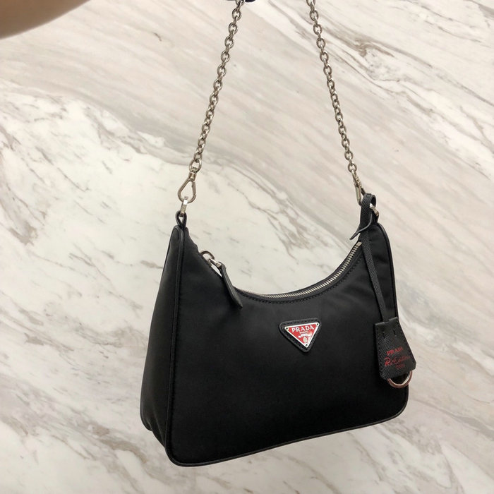 Prada Nylon Hobo Bag Black with Red Logo 1BH204