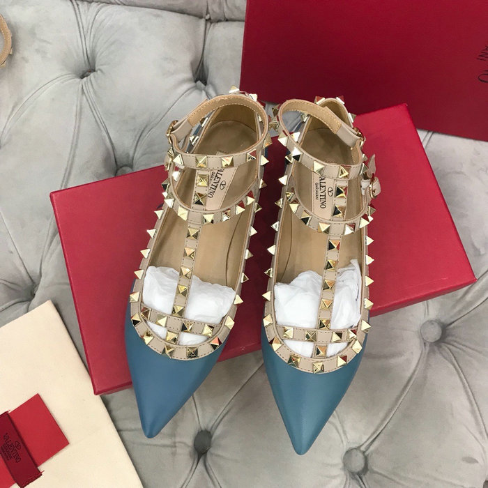 Valentino Calfskin Rockstud Caged Ballet Flat Blue VS03083