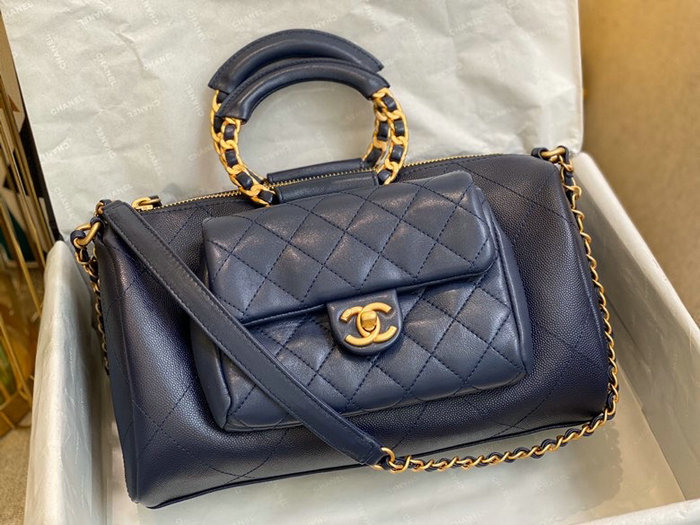 Chanel Grain Calfskin Top Handle Bag Blue A06054